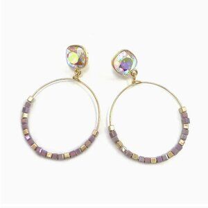 Glass Beads Hoop Dangle Cushion Cut Stone Earrings